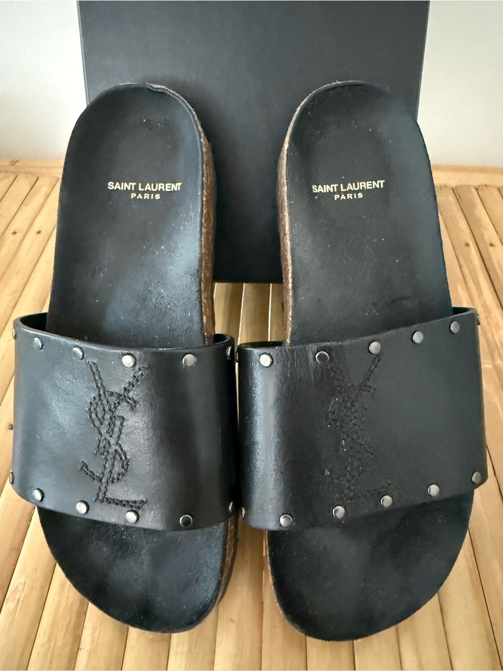 Saint Laurent Black Leather Stud Slide Sandals